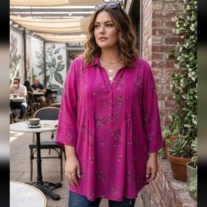 In Every Story Pink Floral Print Bohemian V-Neck Button-Down Casual Tunic,4X